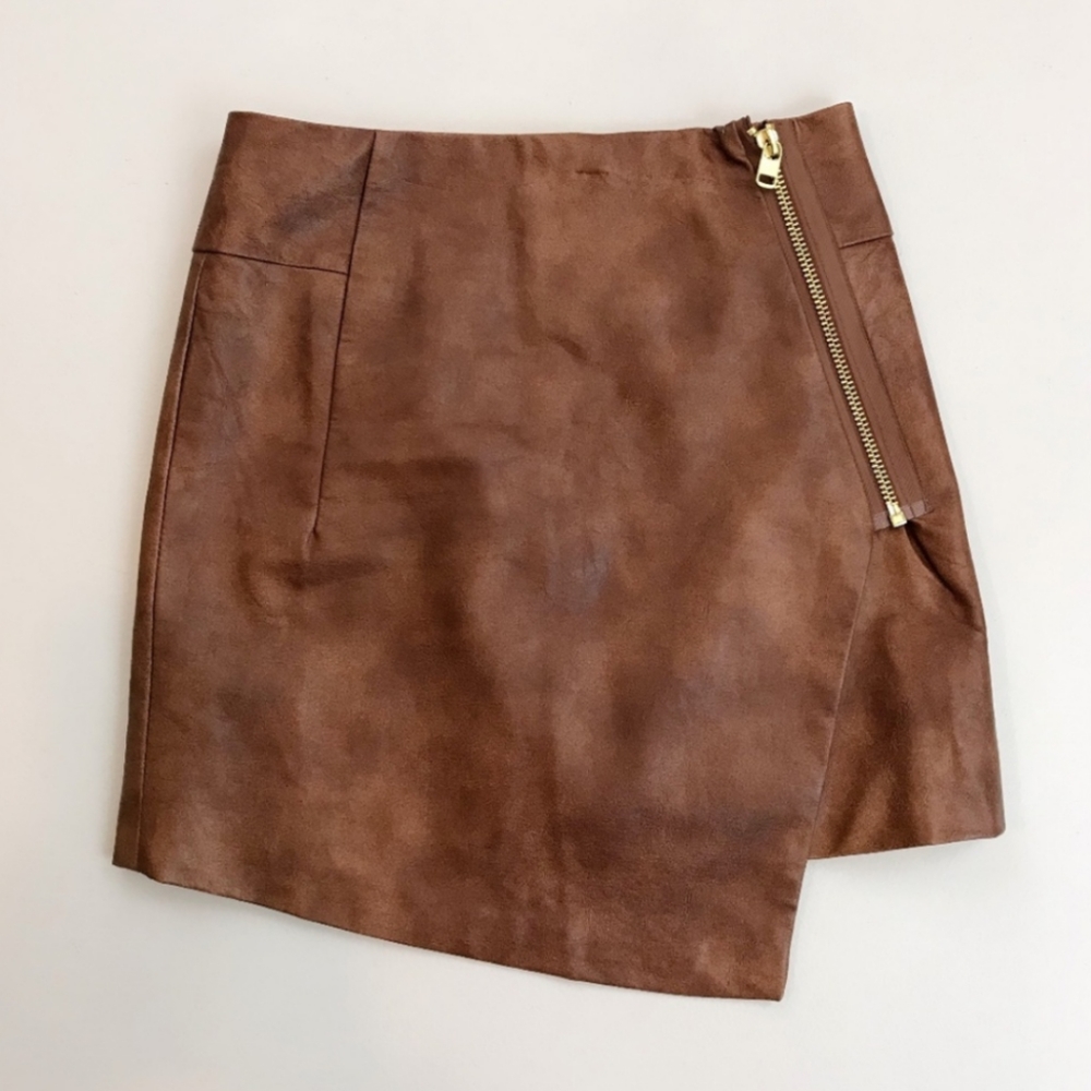 Tan Brown Leather Asymmetrical Zip Up Skirt - Picture 2 of 8